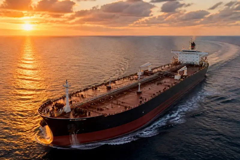 A loaded crude oil tanker under way at sunset